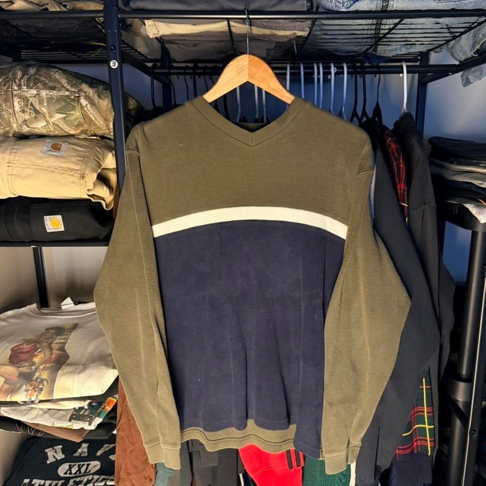 🫚 Cherokee Colorblock V-Neck Thermal Knit Pullover | Olive Navy Cream | Size S